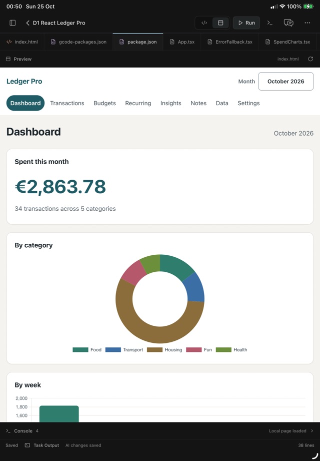 D1: the Ledger Pro dashboard in portrait