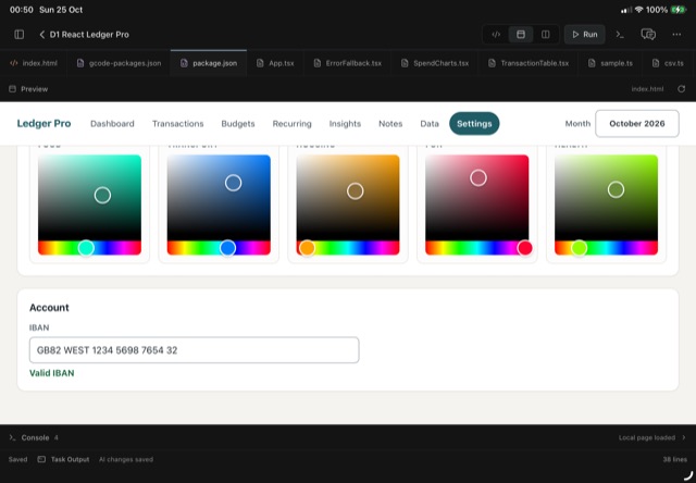 D1: category colour pickers and a valid IBAN check on the settings page