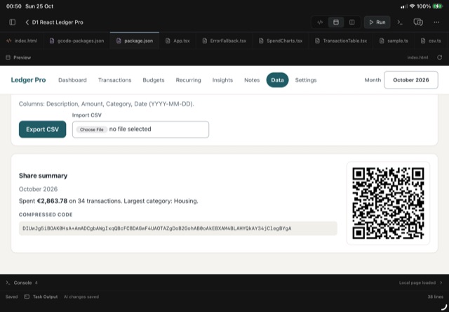 D1: the data page with CSV export and a QR code of the summary