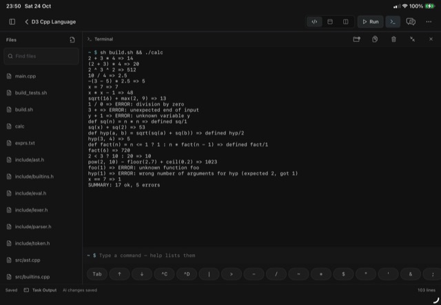 D3: the C++ interpreter's 22 results and summary in the G-Code Lite terminal