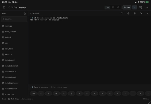 D3: the interpreter's own test program passing 83 checks