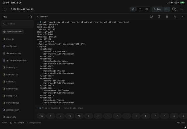 D4: CSV, XML, YAML and Markdown exports printed in the terminal