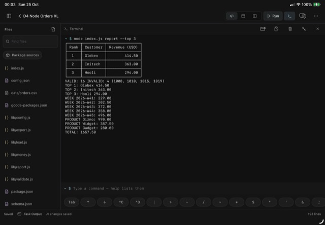 D4: the order analytics report in the G-Code Lite terminal