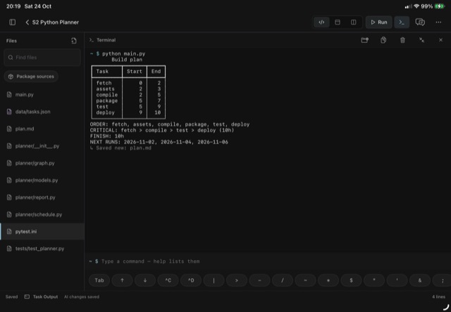 S2: the Python planner's output in the G-Code Lite terminal
