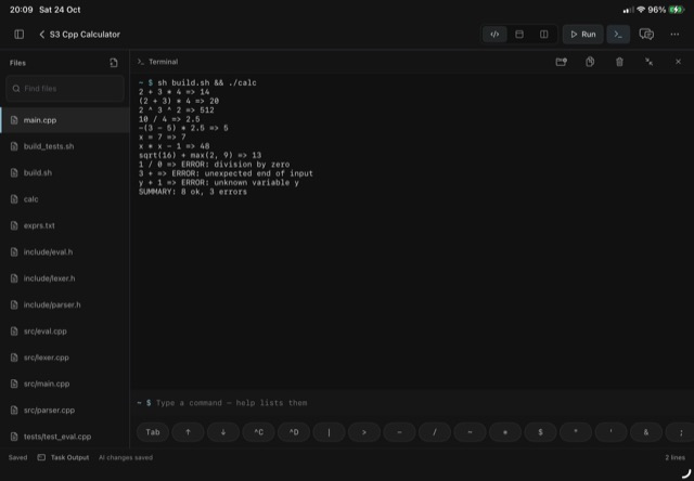 S3: the C++ calculator built and run in the G-Code Lite terminal