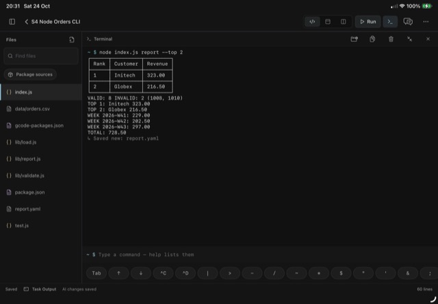 S4: the Node.js order report in the G-Code Lite terminal
